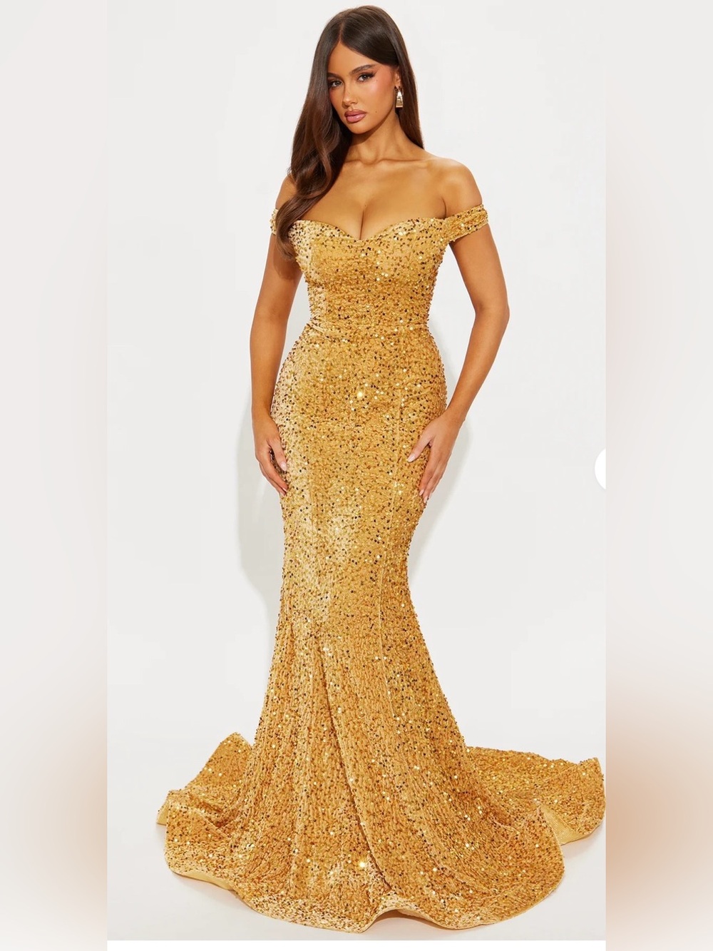 Fashion Nova Gold One-Shoulder Sequin Mermaid Gown